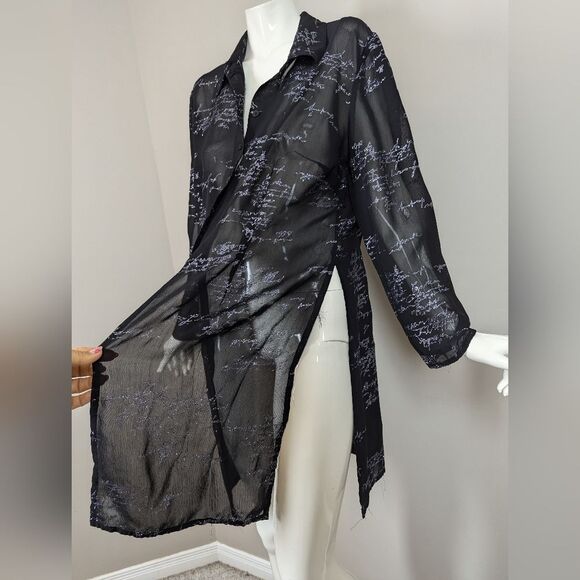 Vintage Steilmann Sheer Black Shirt Dress – Glitter Script Print – Y2K Goth Roma - Picture 8 of 11